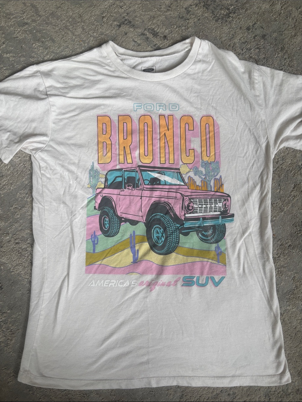 Ford White Tee with Pink Bronco & Teal Accents